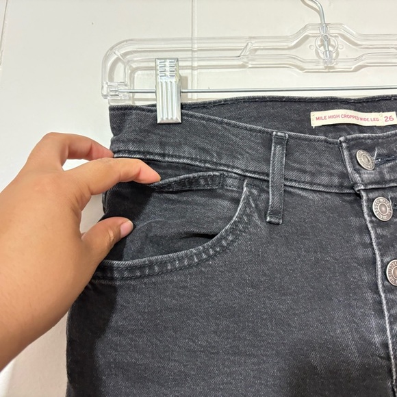 Levis Mile High Cropped Wide Leg Jeans Womens Button Fly Black Distressed Sz 26 - Picture 7 of 10